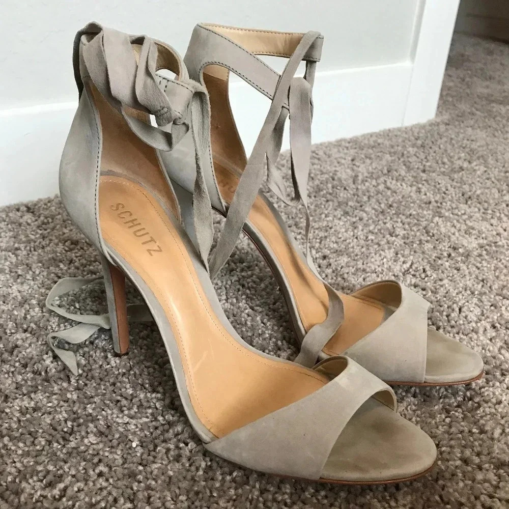 schutz taupe lace up ankle tie point heels